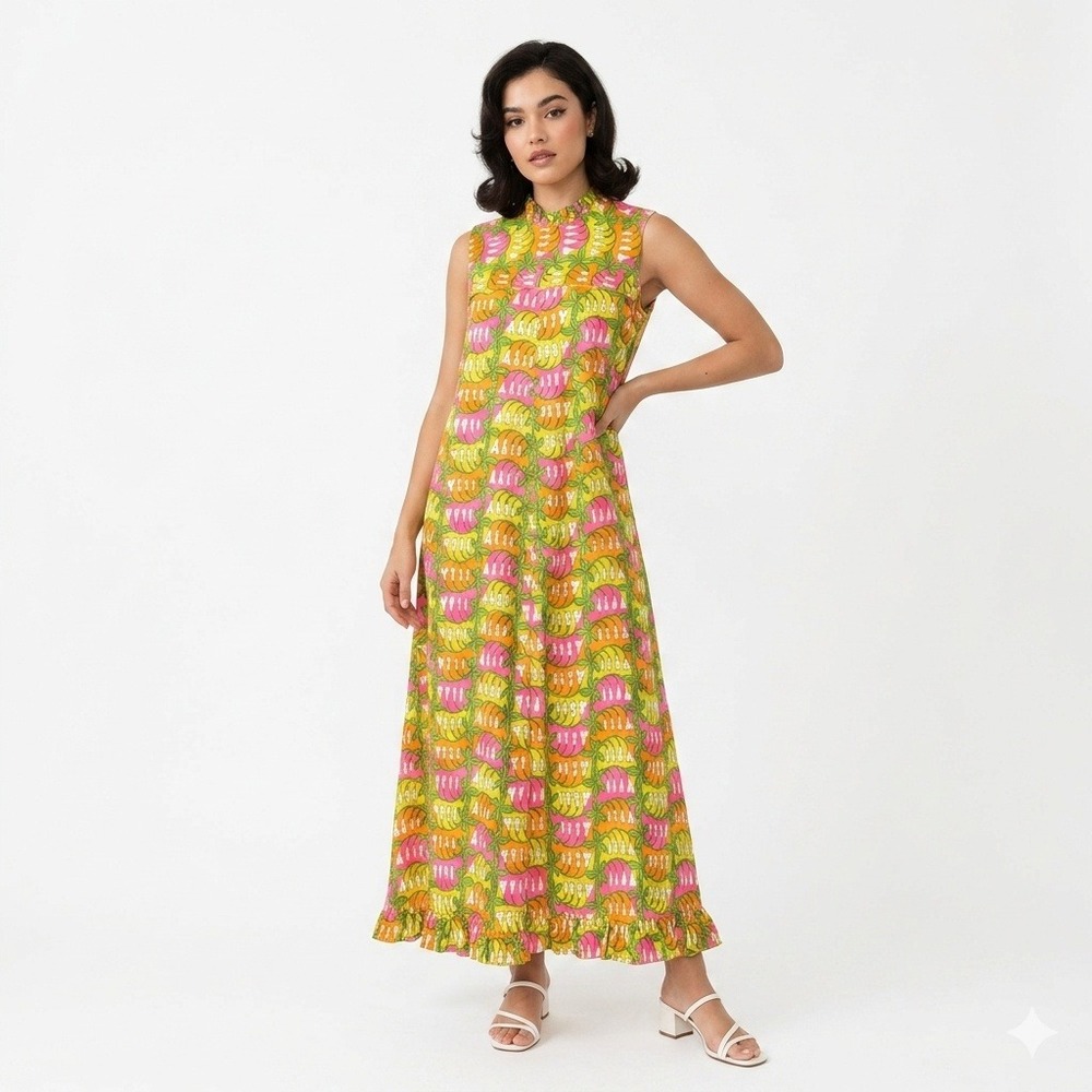 Vintage Malia Honolulu Maxi Dress Pink Orange‎ Floral Psychedelic Cotton Small